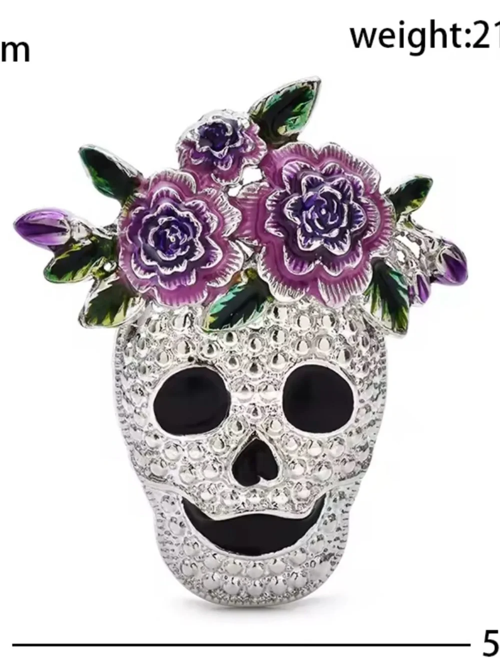 Silver Skull Brooch with Purple Floral Accent